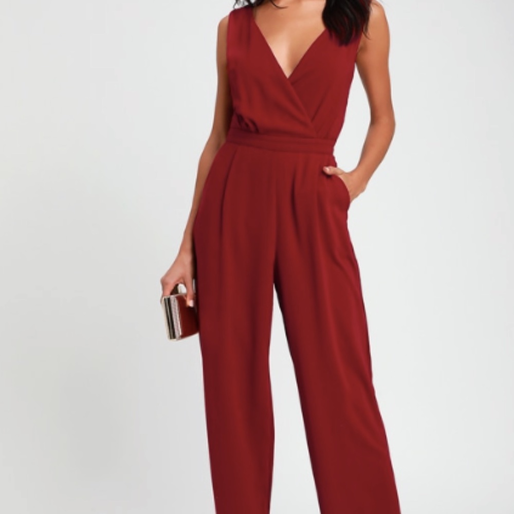 Lulu's Kiska Burgundy Lace Wide-Leg Jumpsuit